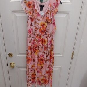 Pink and Orange Ruffled Tiered Midi Dress